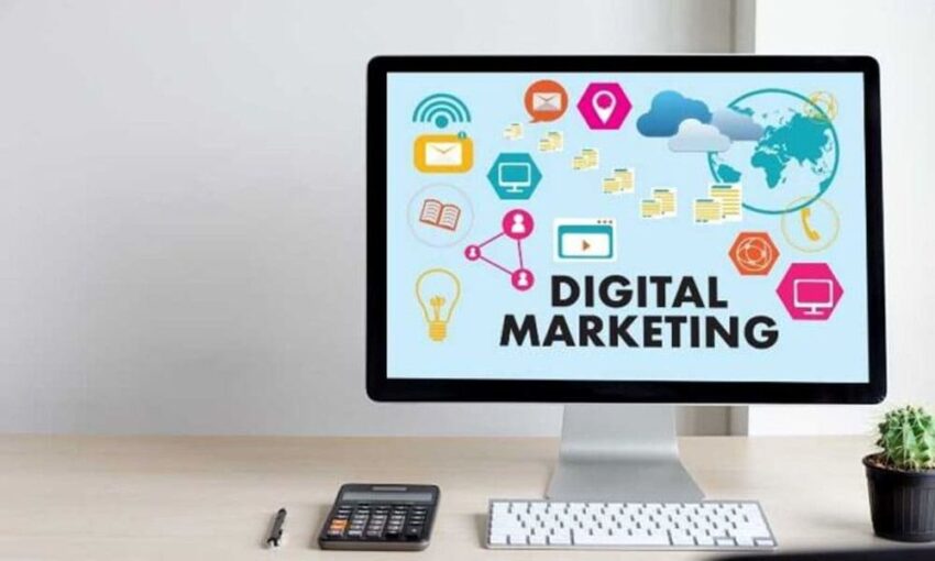 Gambar yang menggambarkan berbagai strategi digital marketing, termasuk SEO, media sosial, iklan berbayar, email marketing, dan konten video untuk meningkatkan visibilitas online bisnis